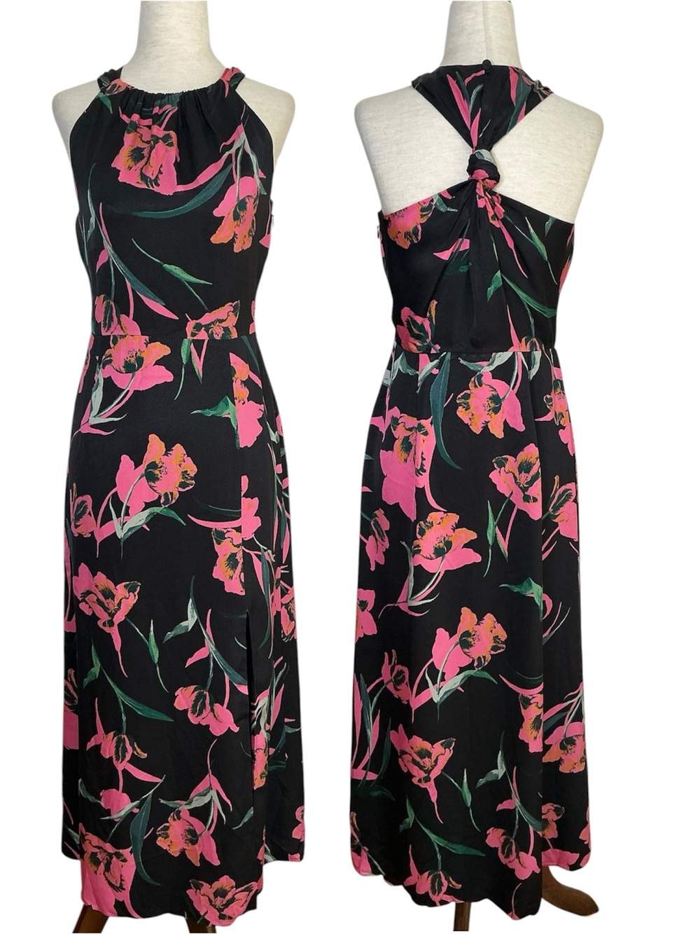 MILLY Adrian Halter Floral Midi Dress in Black and Pink Size 2